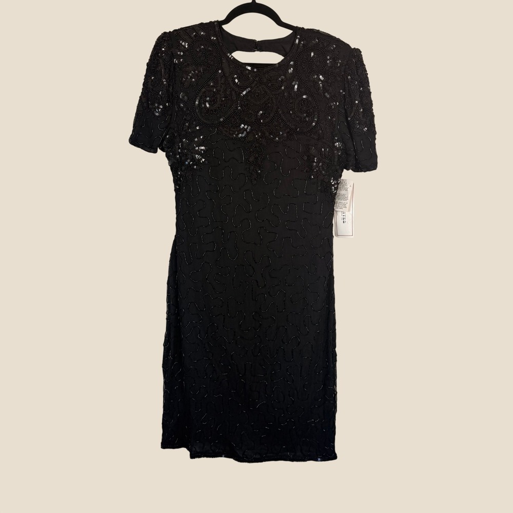 Silk Nites by Cherish Cocktail Dress Womens M Black Beaded Sequin 90s Open Back